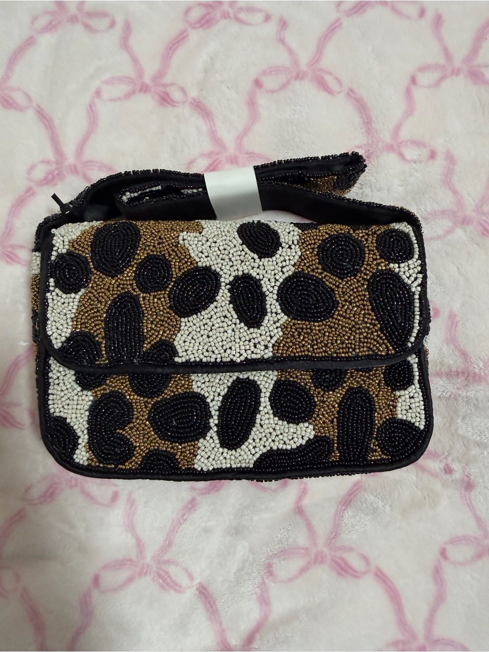 Beaded Leopard-Print Crossbody Bag in Black, Brown & White
